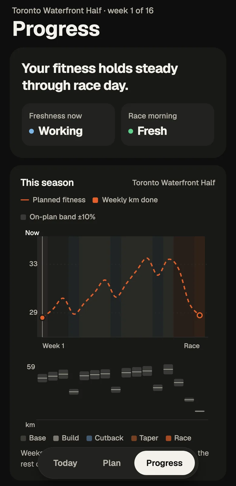 Taper Progress screen: your fitness holds steady through race day, freshness now and on race morning, then planned fitness across the season and weekly kilometres against an on-plan band